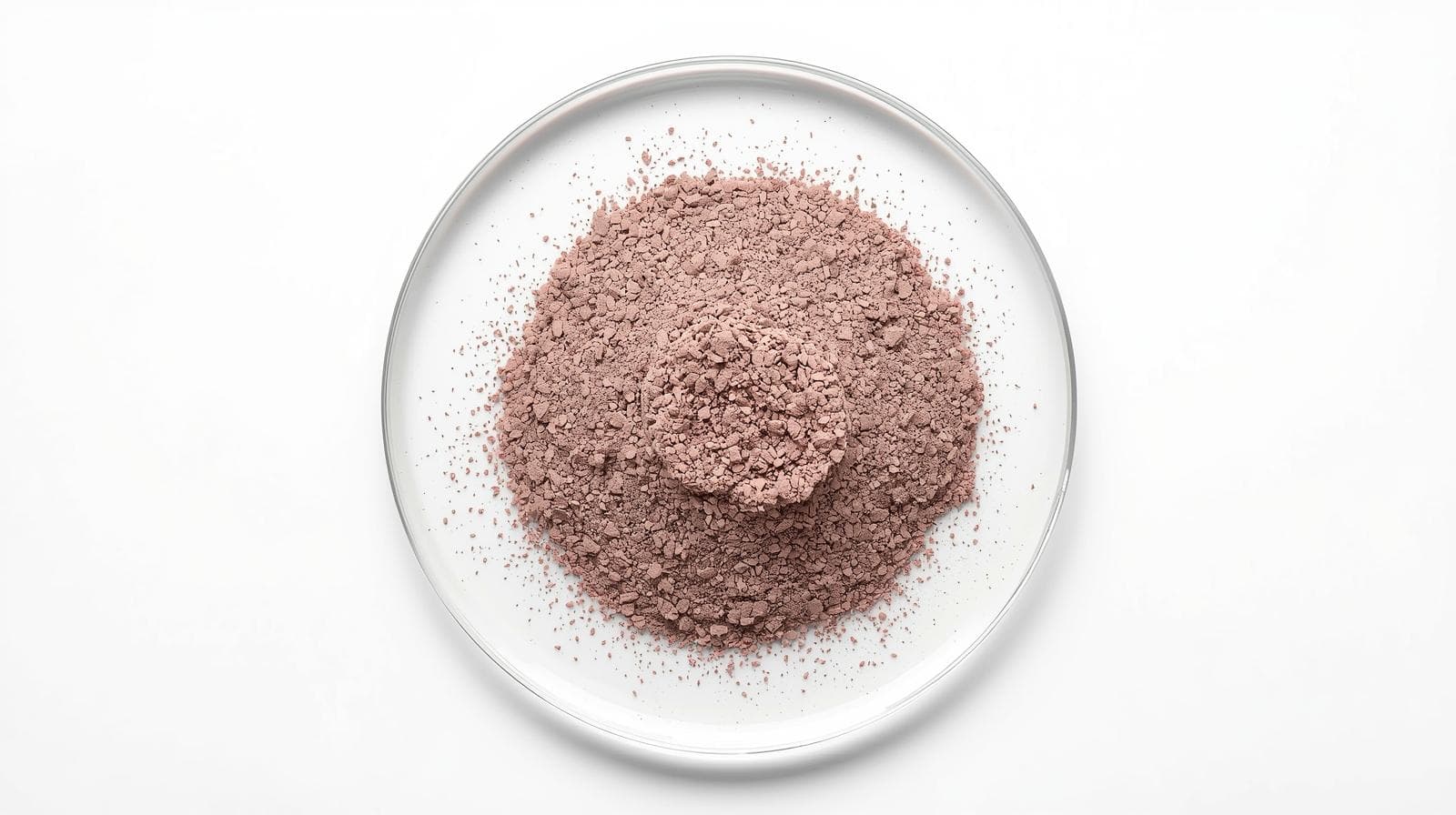 light dark pinkish colour Co-Mn-Ni mixed carbonate tiny particles powder on a glass plate._generate the top view of it and keep the background white._make it hyper realistic.jpg